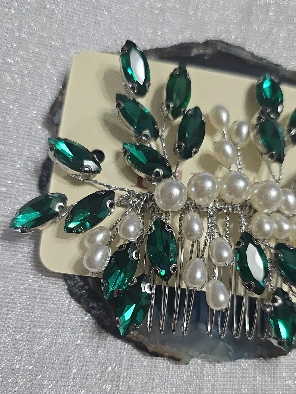 Emerald Green Crystal & Faux Pearl Hair Comb
